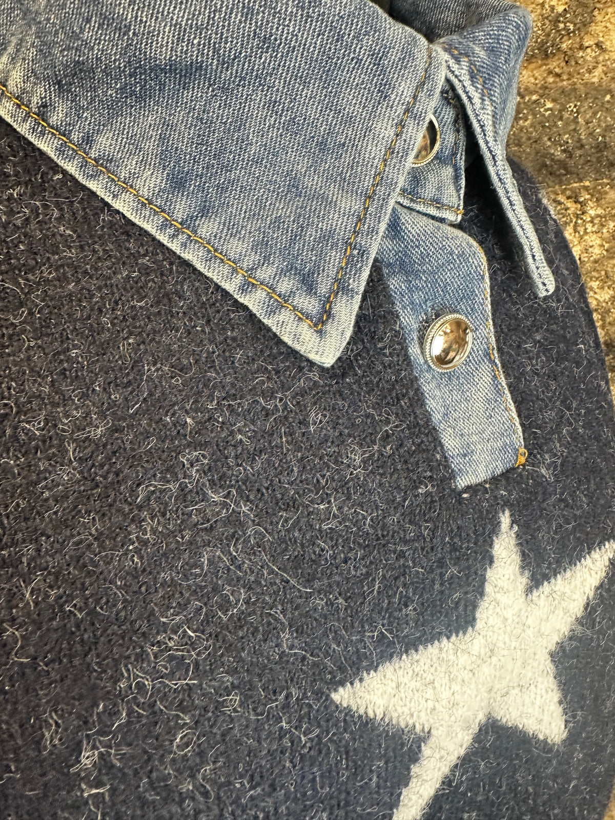 “Lauren “ navy and cream star knit with denim collar/ cuff detail
