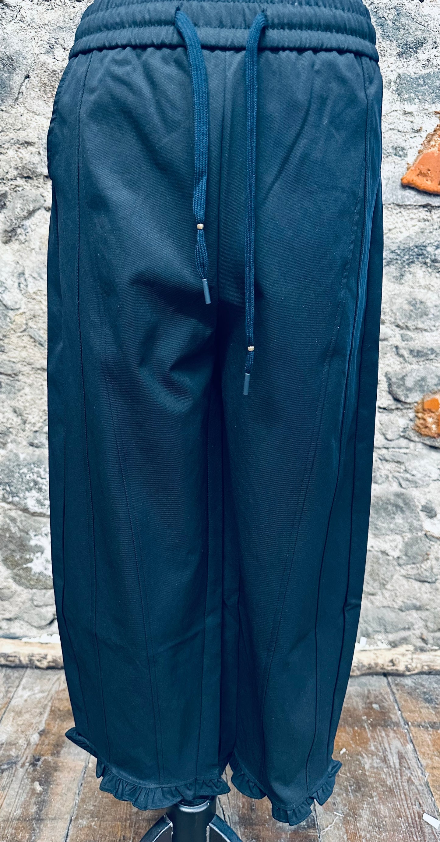 “Nicky “ ankle graze dark navy frill cuff canvas trouser