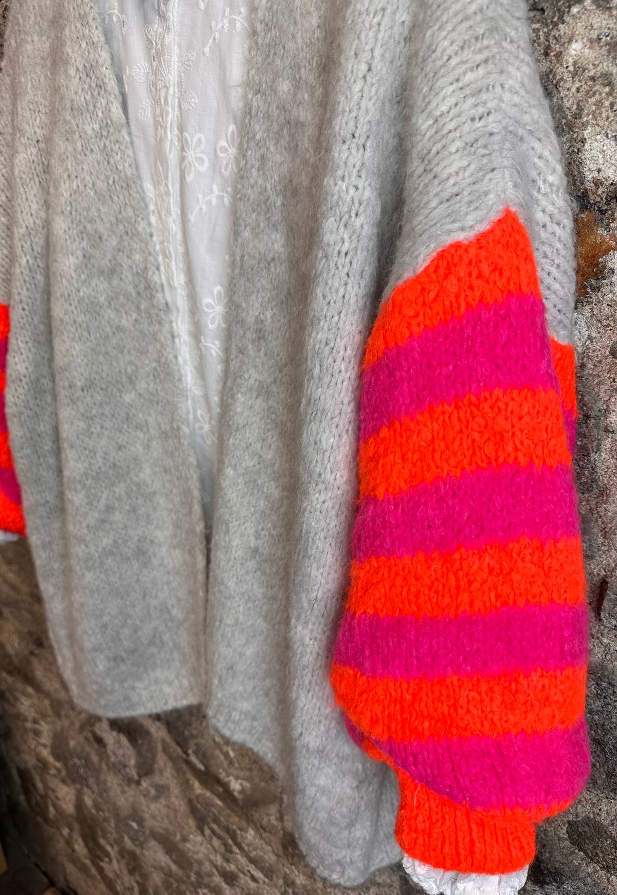 “Elsie “ dove grey and neon sleeve Italian cosey knit
