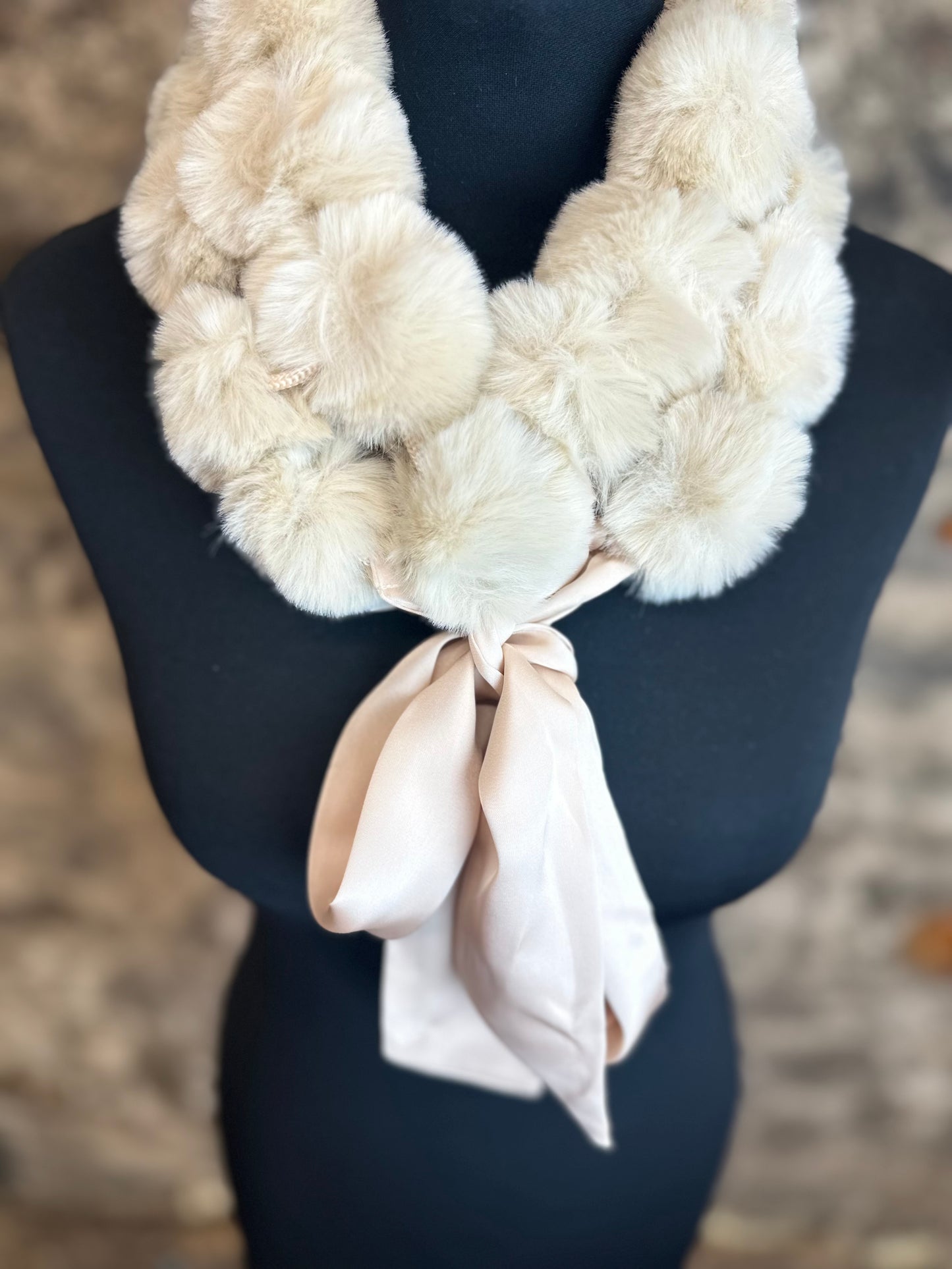 “Esther” buttermilk cream vegan fur satin tie collar