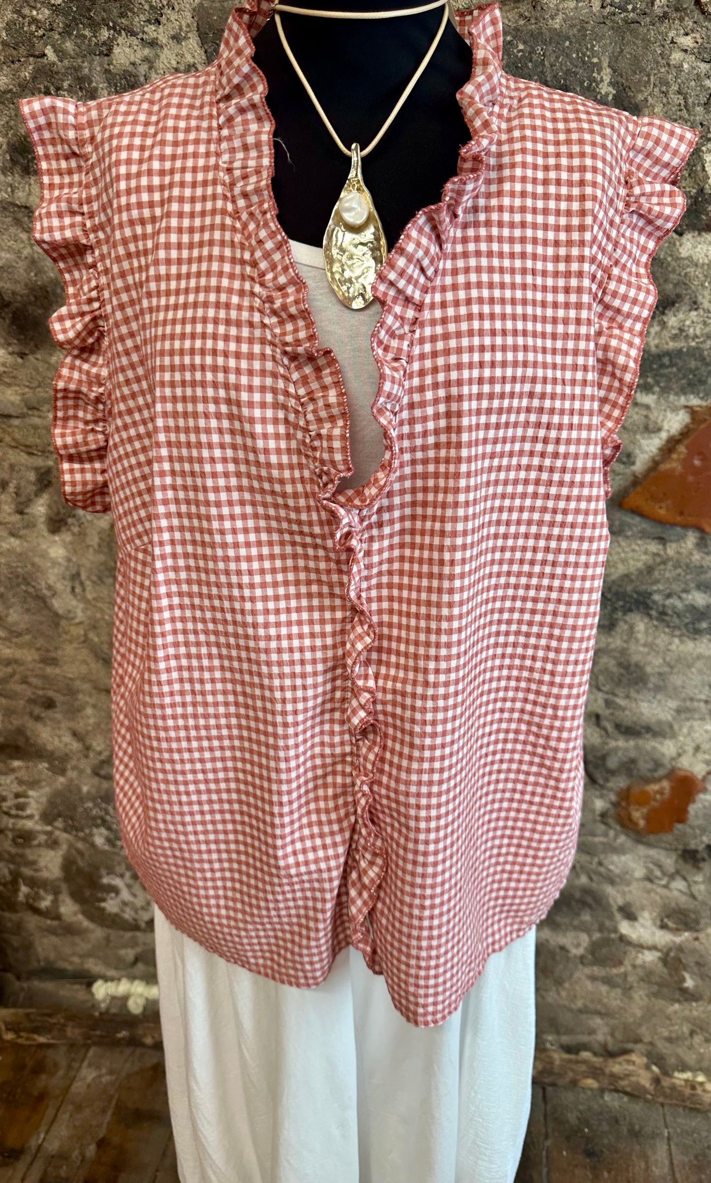 “Rosie” terracotta and white gingham ruffle top