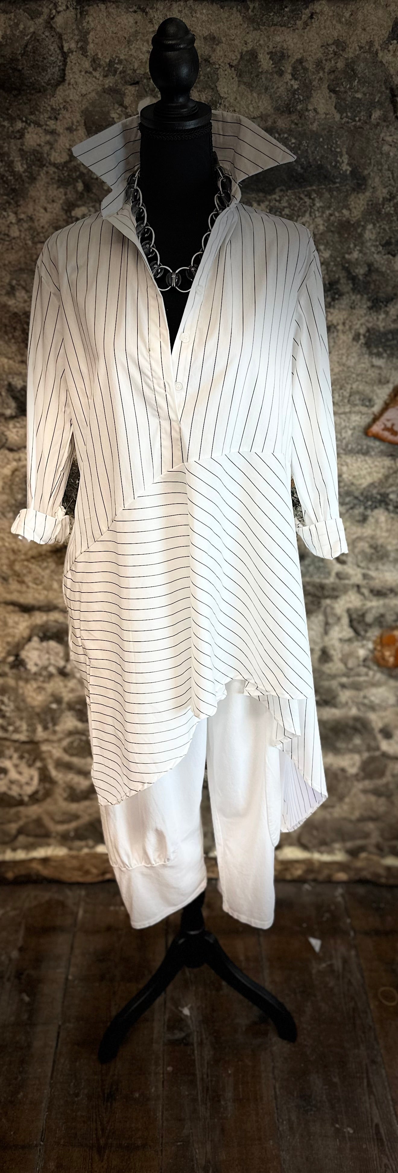 “Sofia “ Italian asymmetric dress shirt white pinstriped