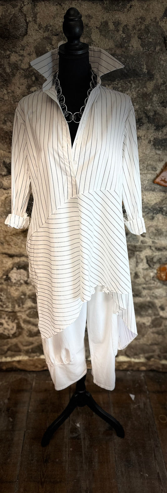 “Sofia “ Italian asymmetric dress shirt white pinstriped