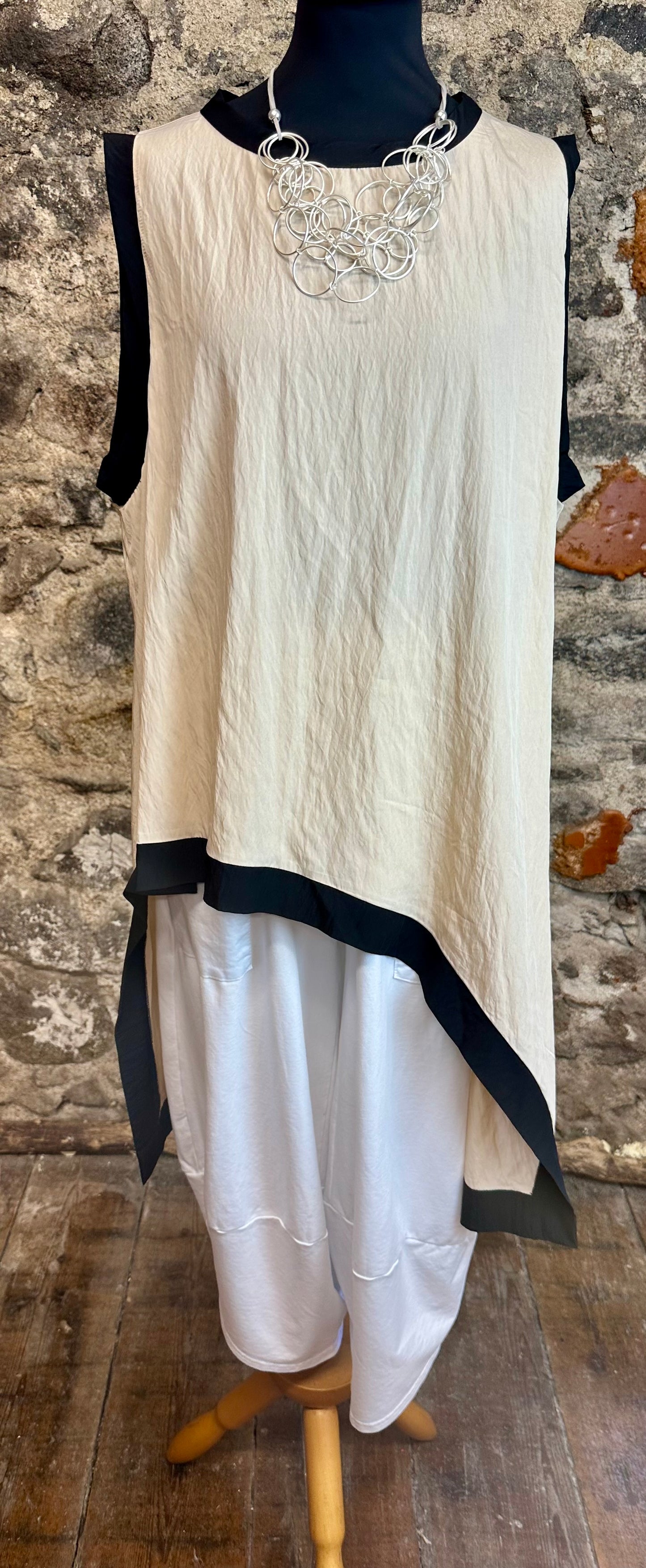 “Tilly “ beige and black trim Italian asymmetric tunic