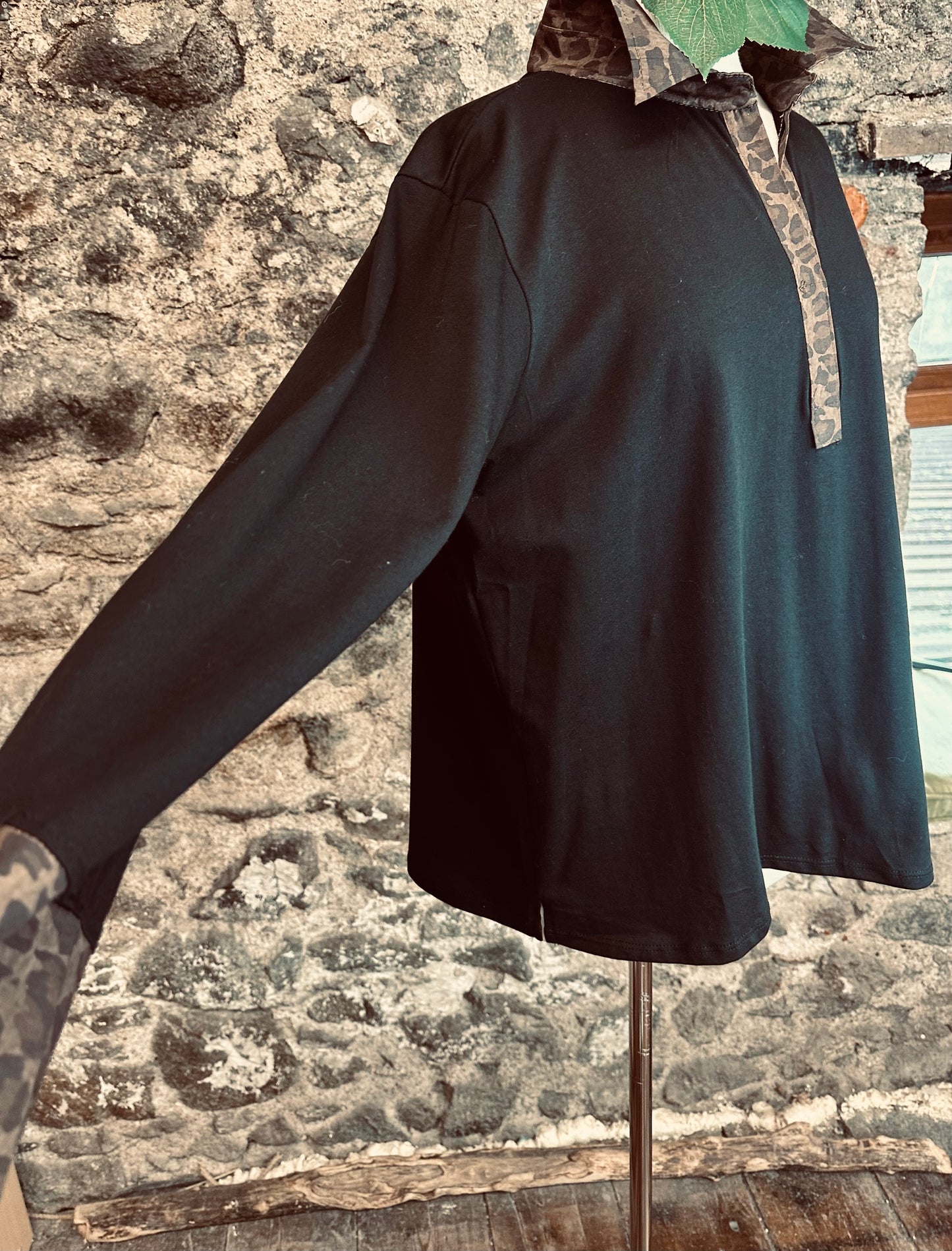 “Lou Lou “ jet black collared animal print Italian shirt