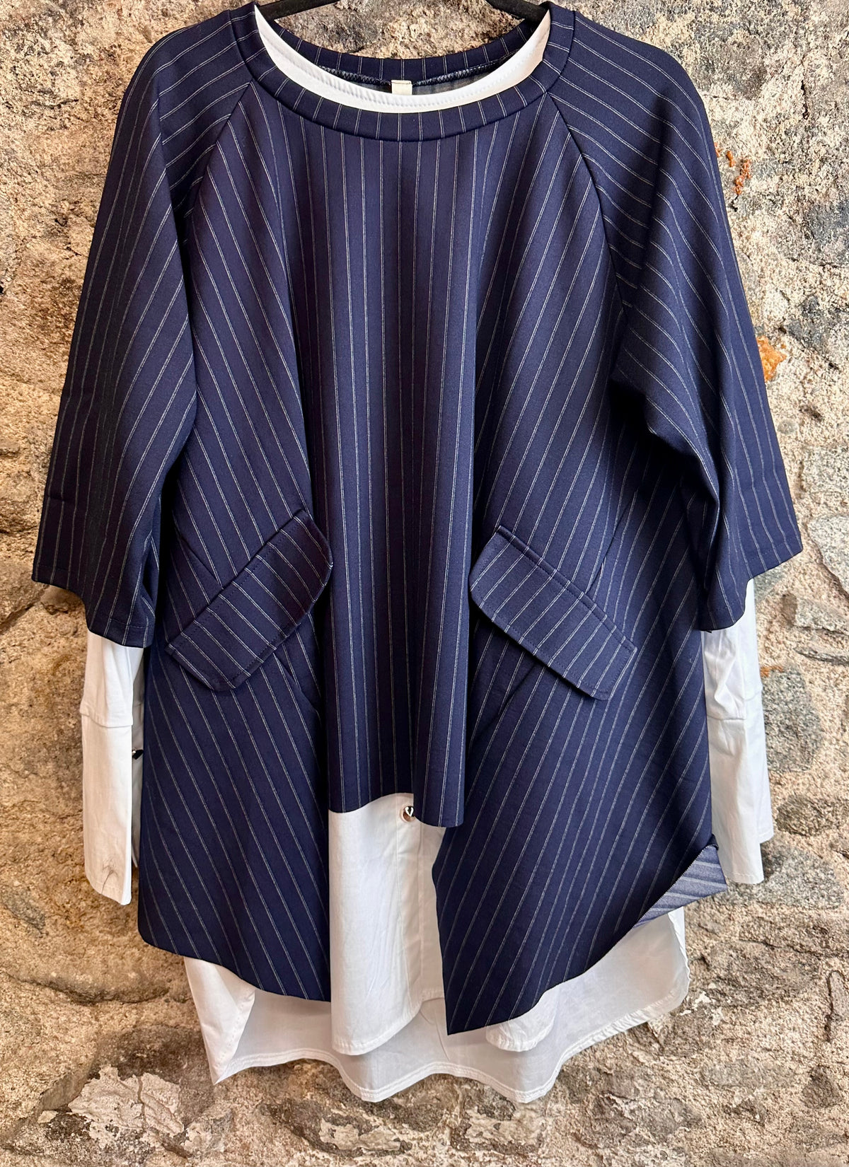 “Sandi “ navy pinstriped irregular asymmetric Italian tunic
