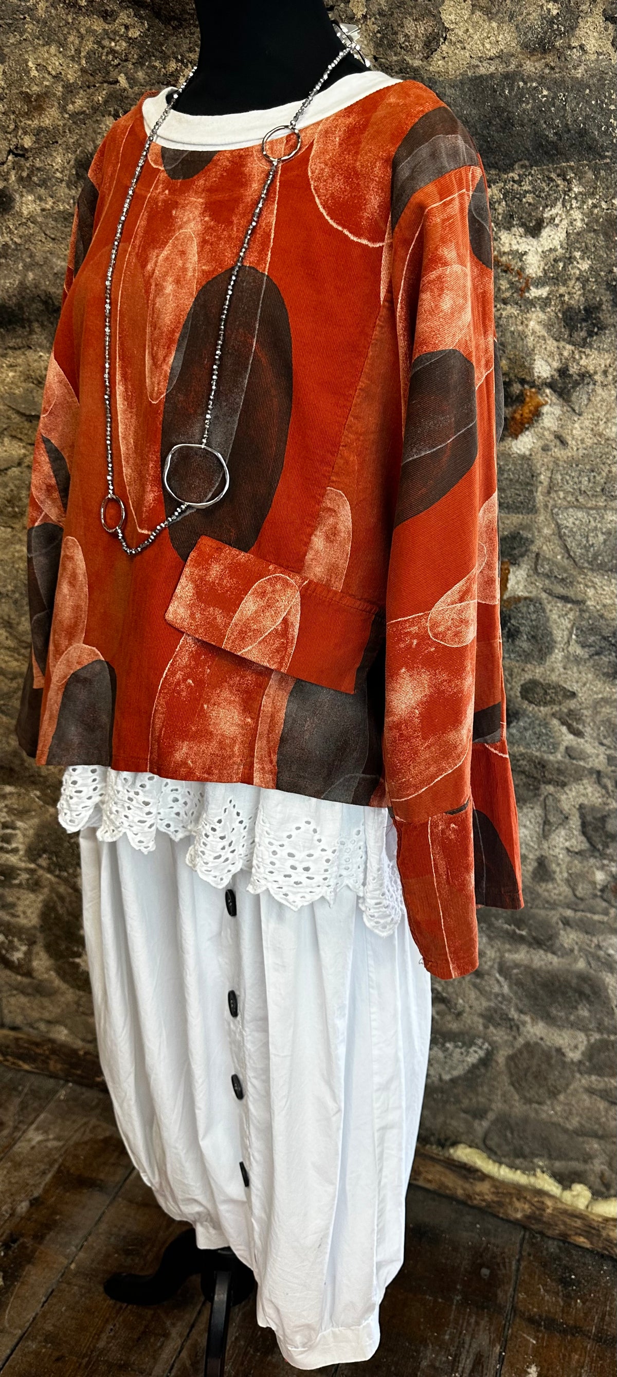 “Betty “ Italian pin corduroy russet and charcoal tunic