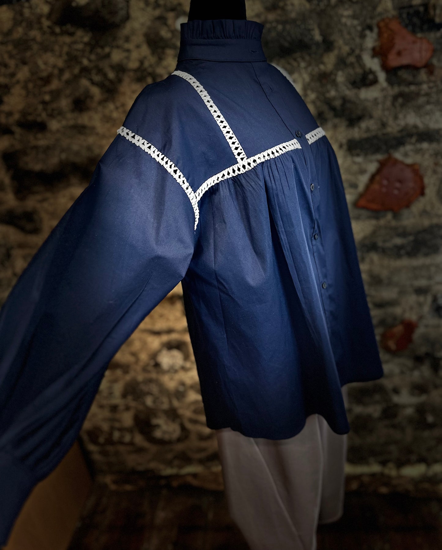 “Annabelle” indigo Italian ruffle collar dress shirt