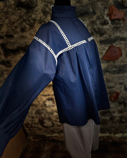 “Annabelle” indigo Italian ruffle collar dress shirt