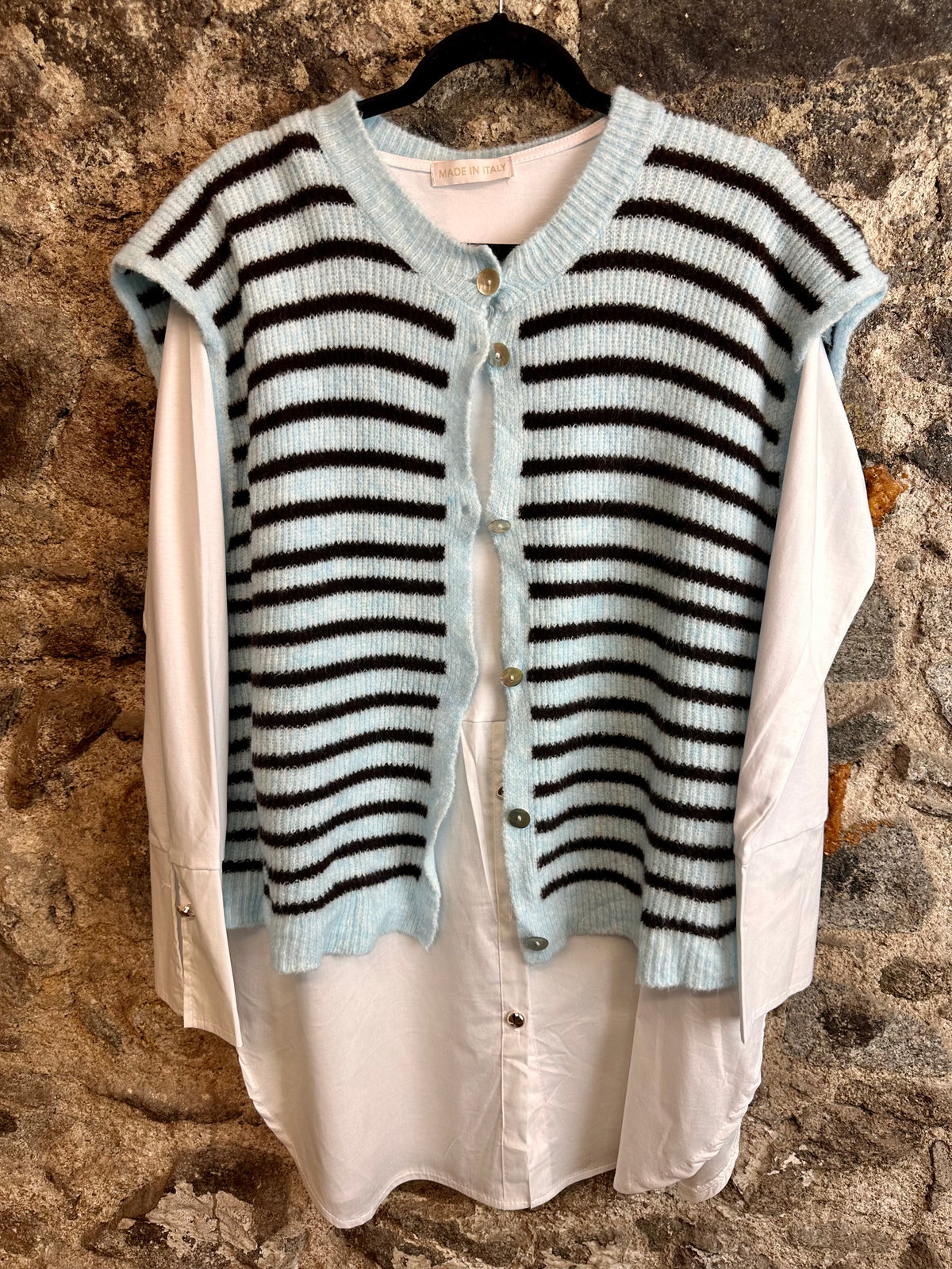 “Jessie” sky blue and chocolate stripe Italian knit waistcoat