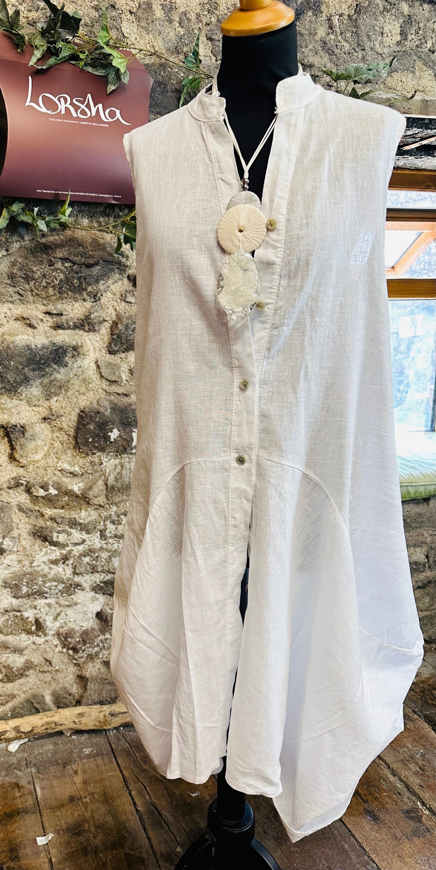 “Contessa” brilliant white Italian linen pin tuck tunic dress