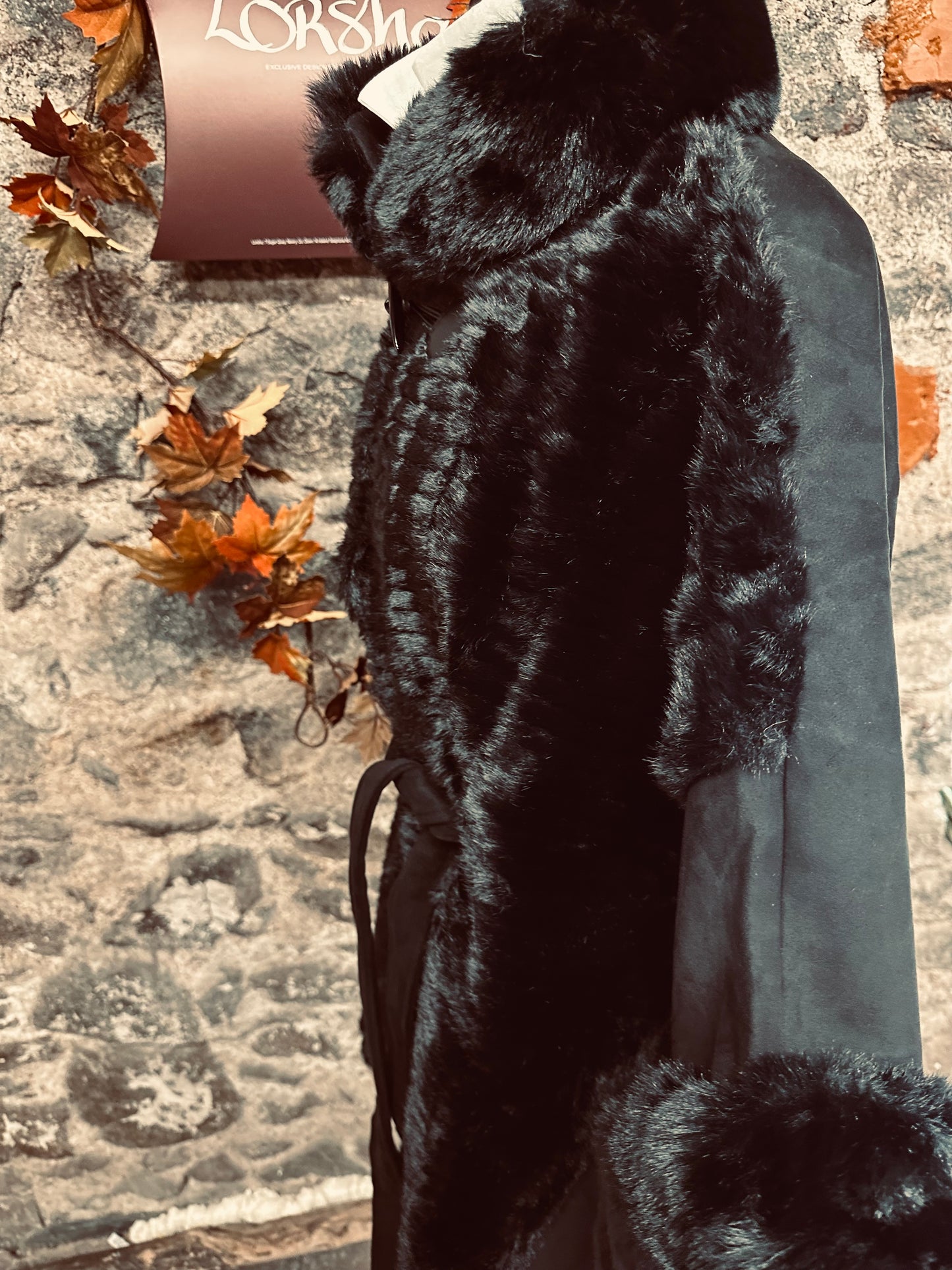 “Regina “ Ebony suedette coat cape with vegan fur