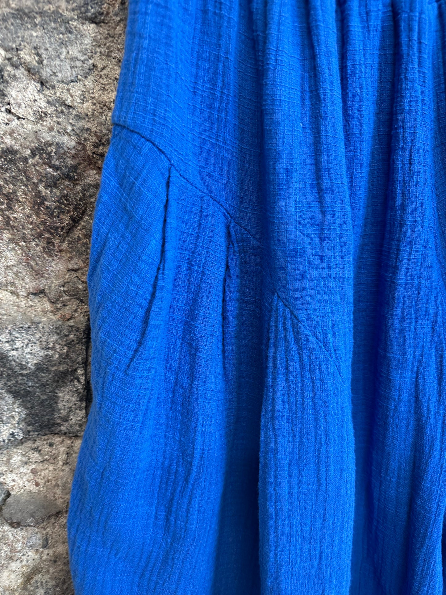 “Trudi “ azure blue Italian barrel leg cheese cloth trouser