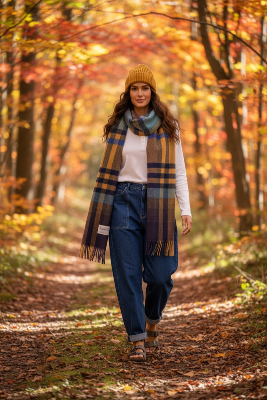 Country plaid mustard and blues heritage plaid cosey scarf
