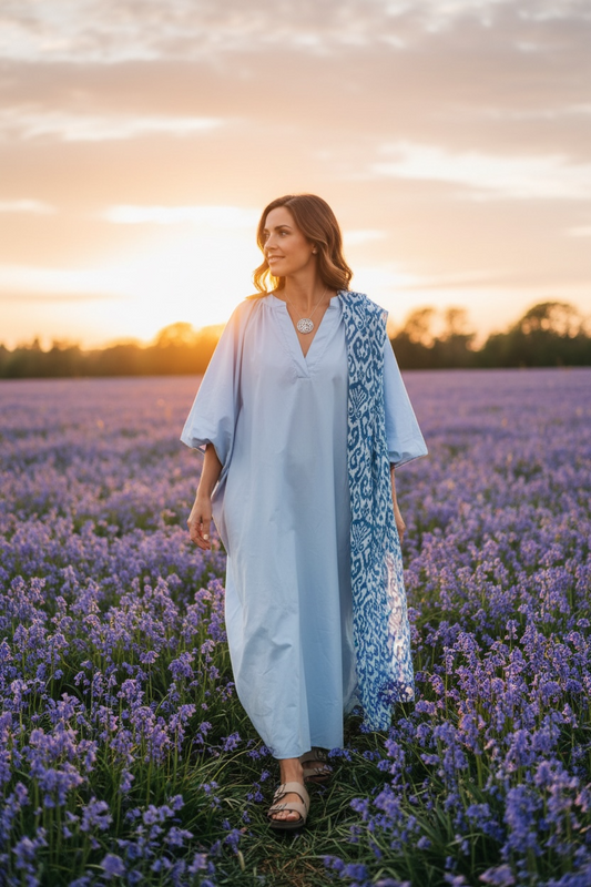“Steffi “Powder blue Italian cotton puffball sleeve tunic