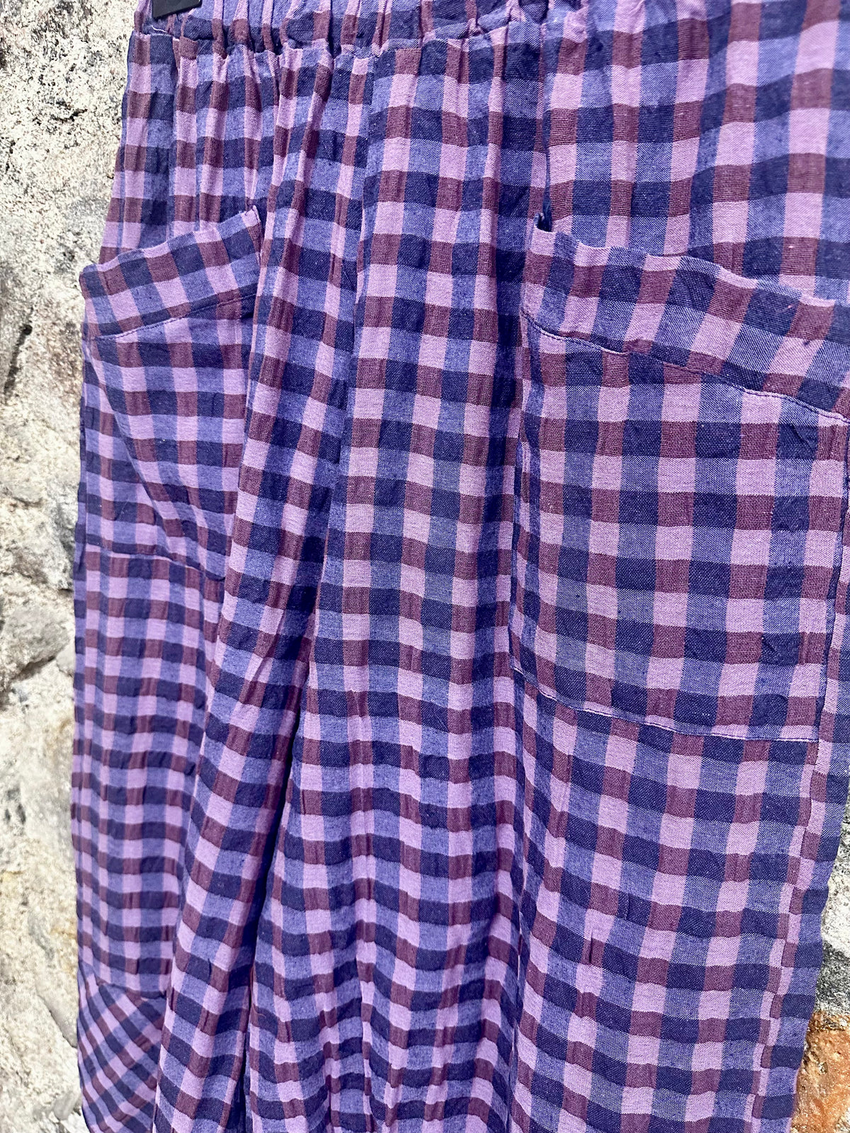 “Riley “ navy and lilac plaid Italian cocoon pants