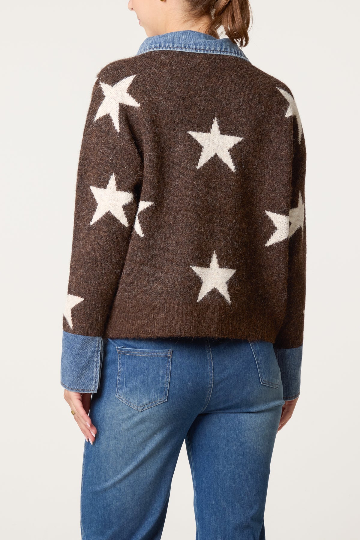 “Lauren “ chocolate and cream star knit with denim collar collar and cuff detail