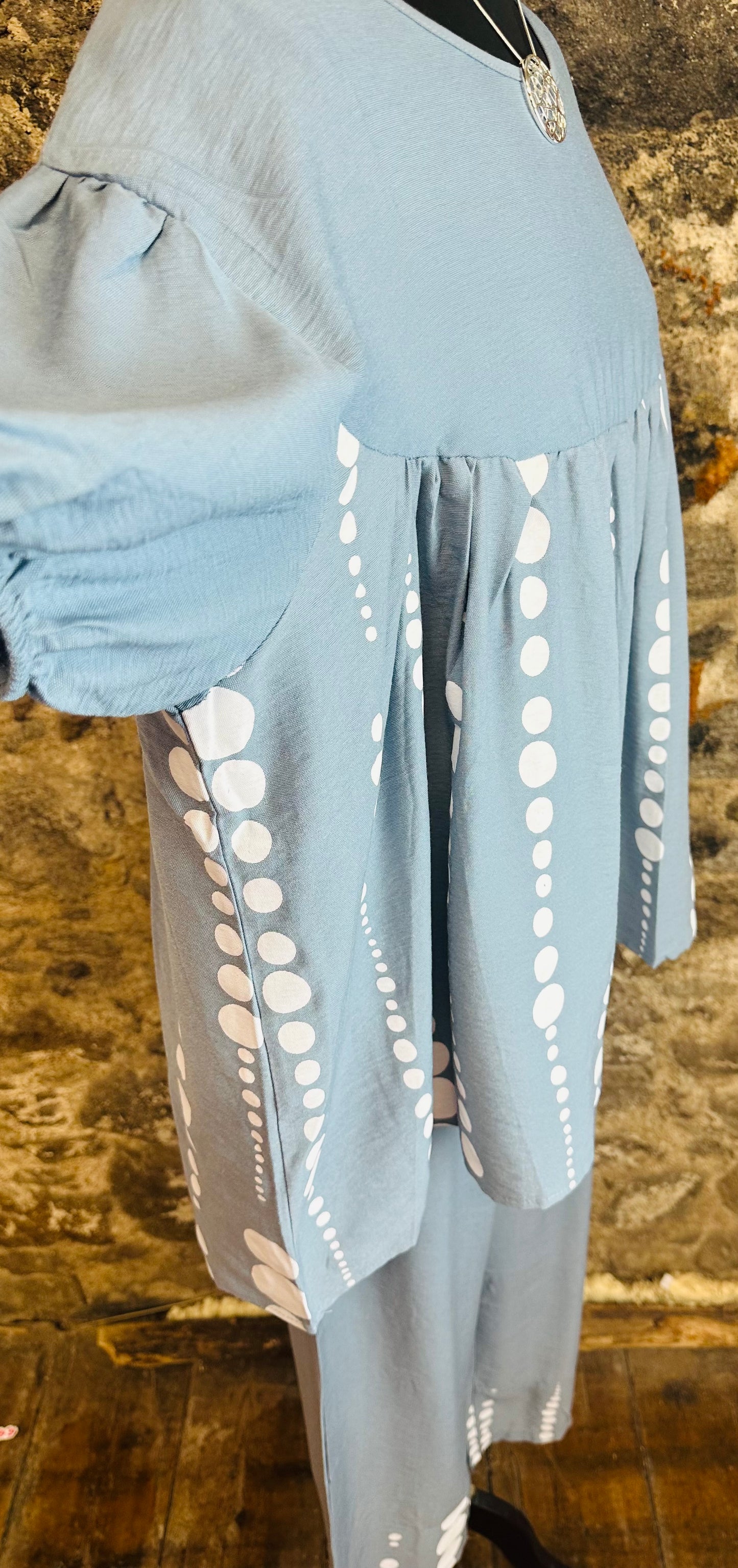 “Davina “ cloudy blue Italian gathered empire line tunic