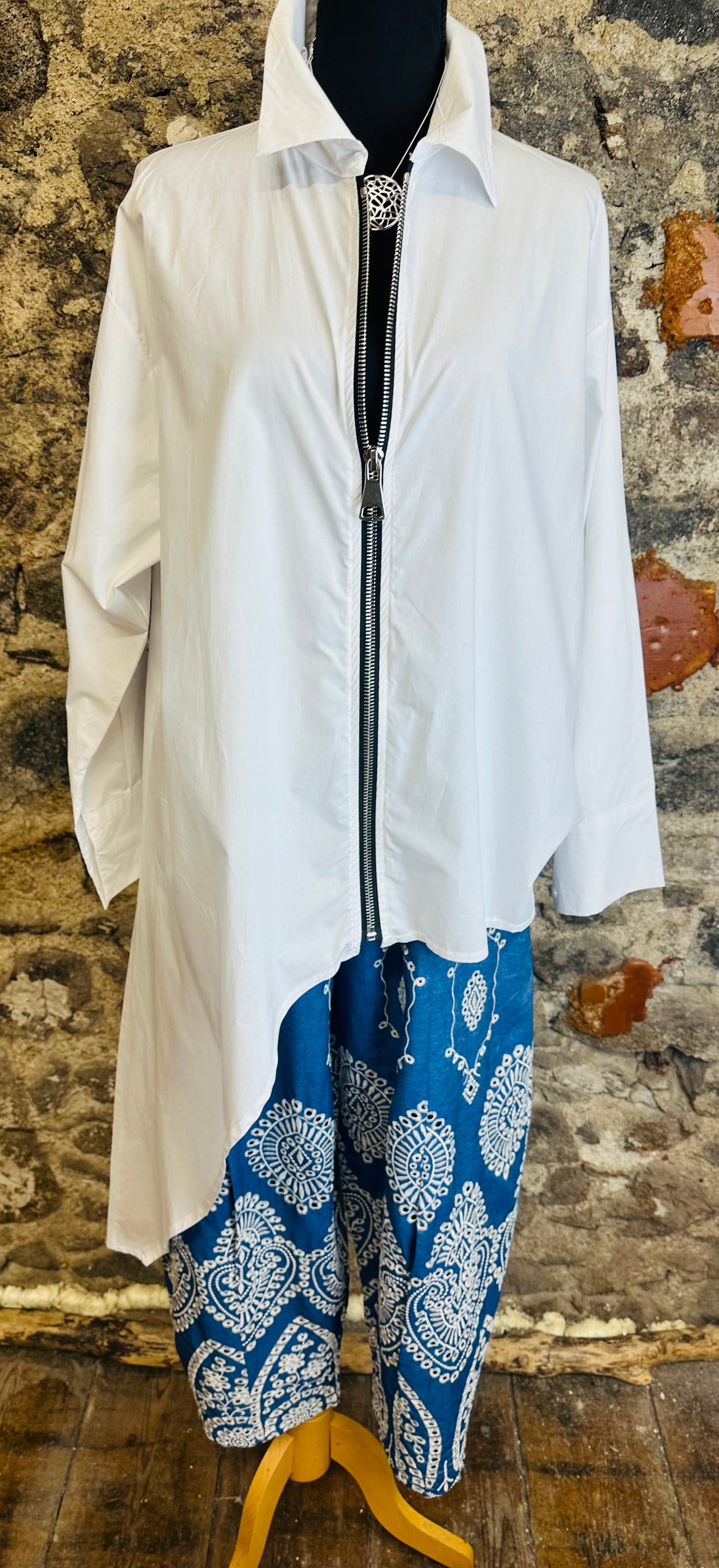 “April “ denim angelaise  detailed cocoon Italian pants