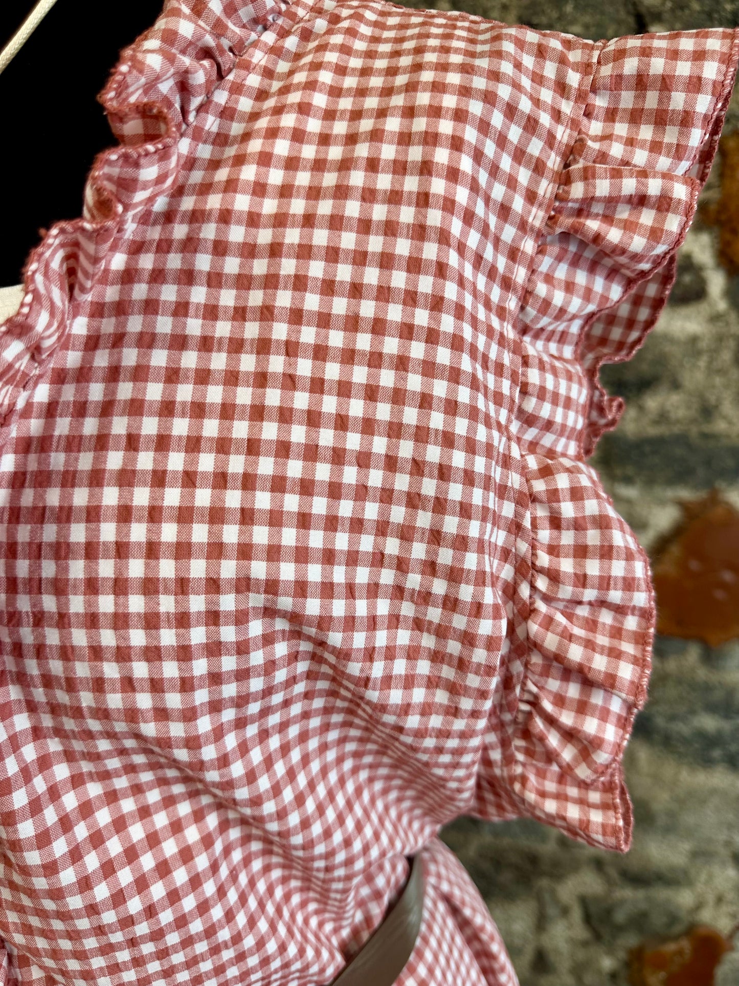 “Rosie” terracotta and white gingham ruffle top