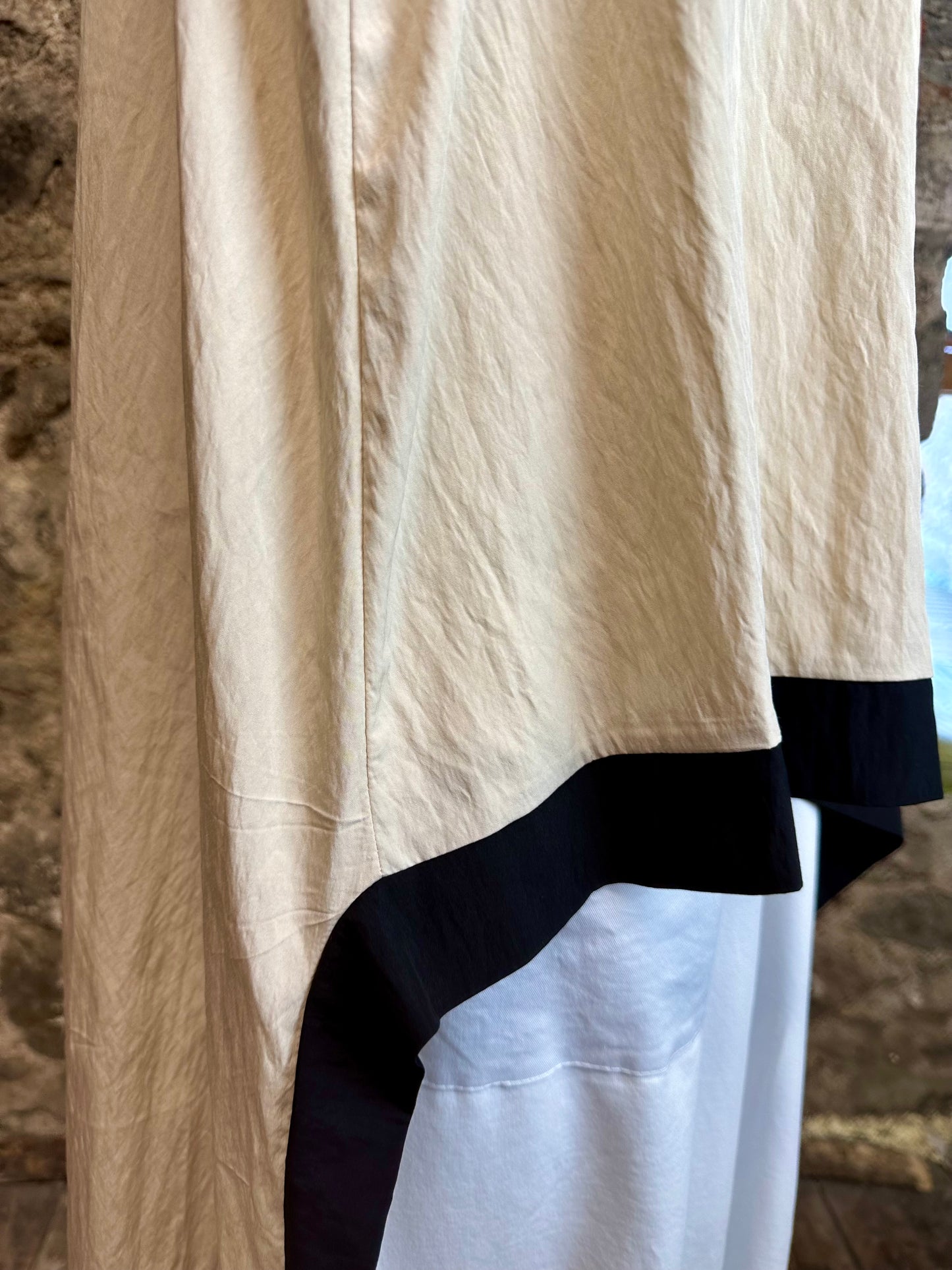 “Tilly “ beige and black trim Italian asymmetric tunic