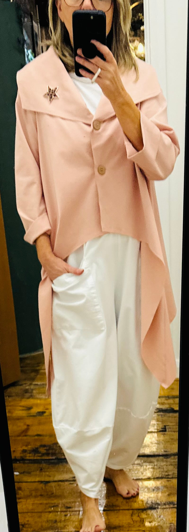 “Mira “ blush salmon Italian dipped hem jacket
