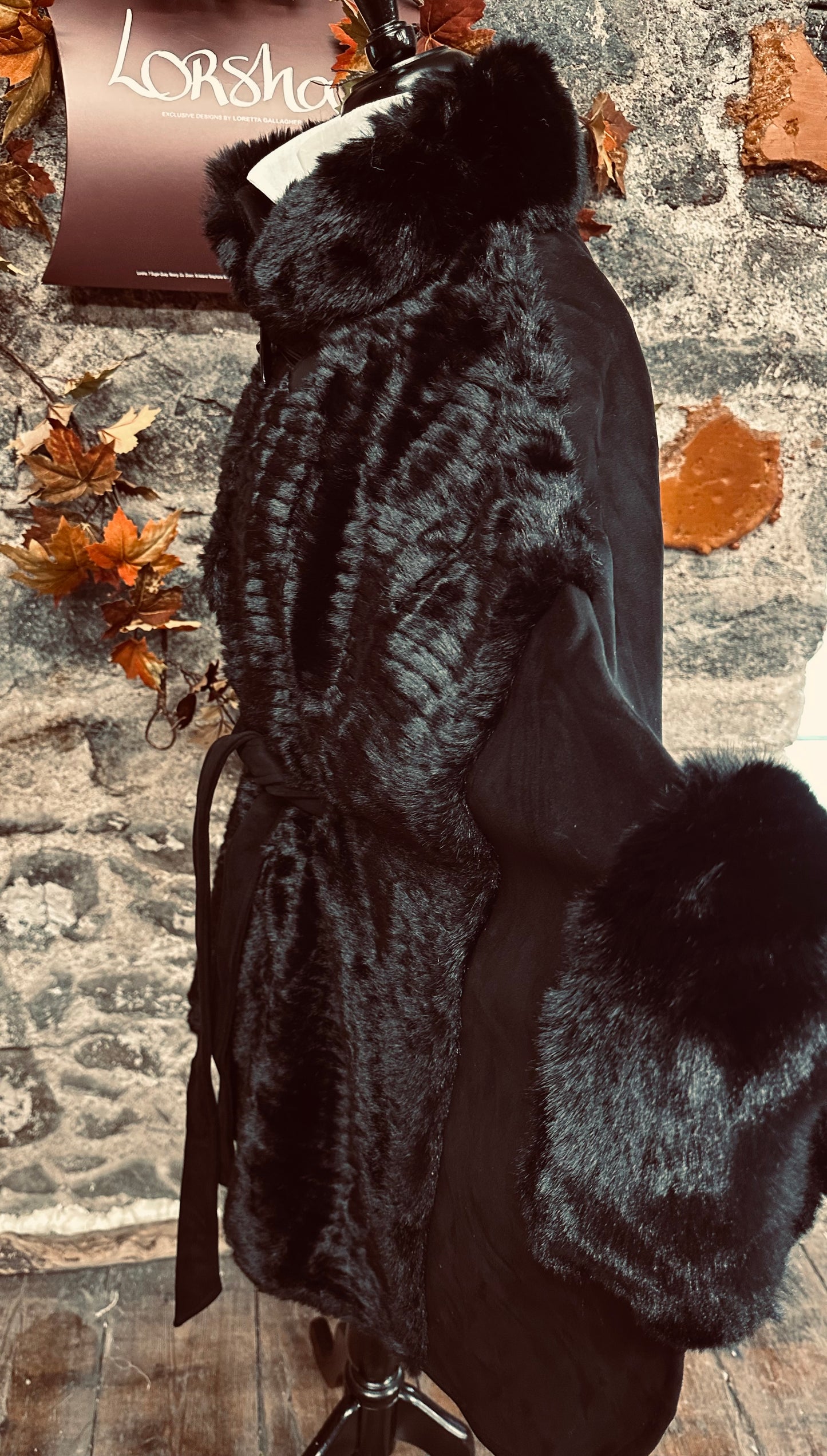 “Regina “ Ebony suedette coat cape with vegan fur