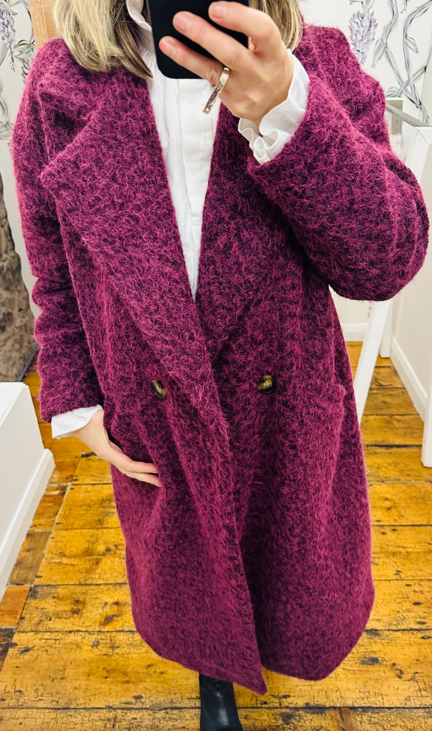 “Harriet “ burgundy Italian boucle trench coat
