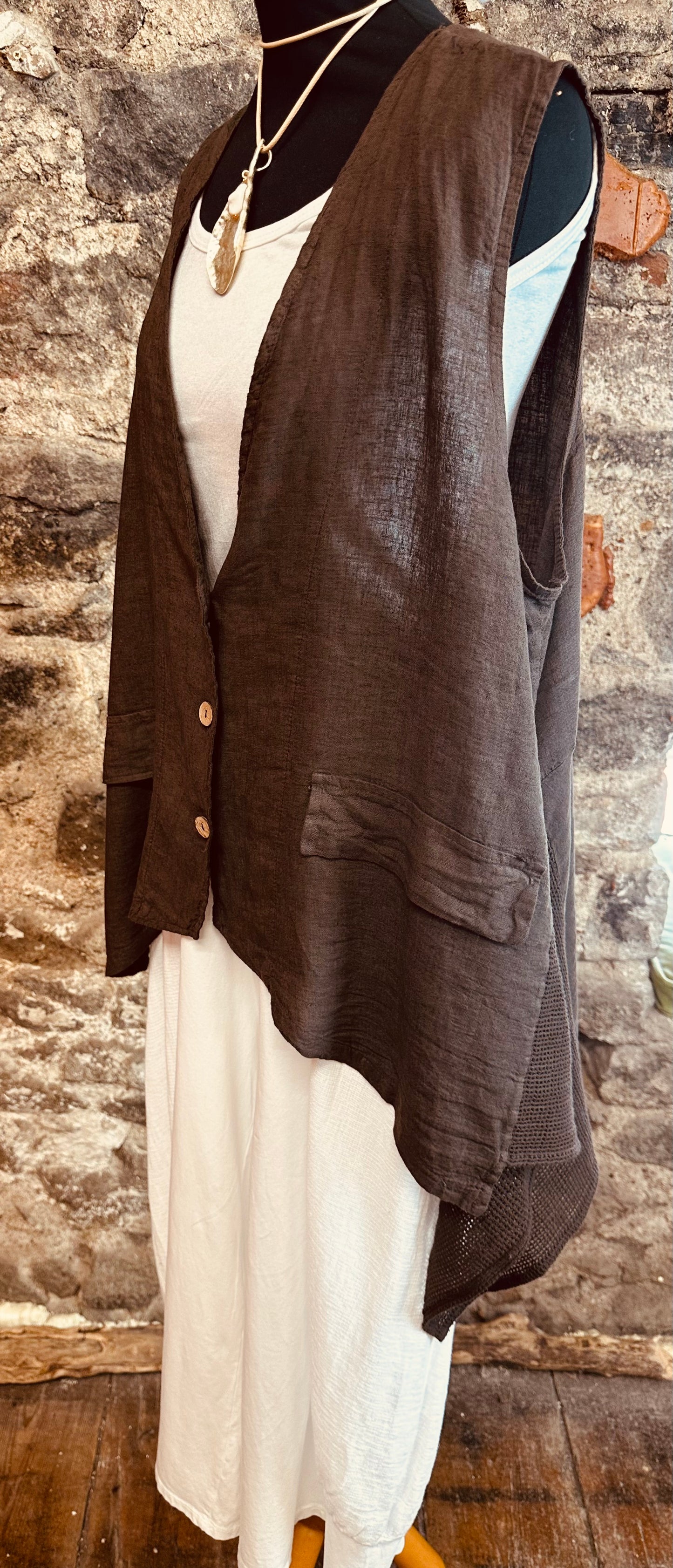 “Daisy “ chocolate linen Italian asymmetric waistcoat