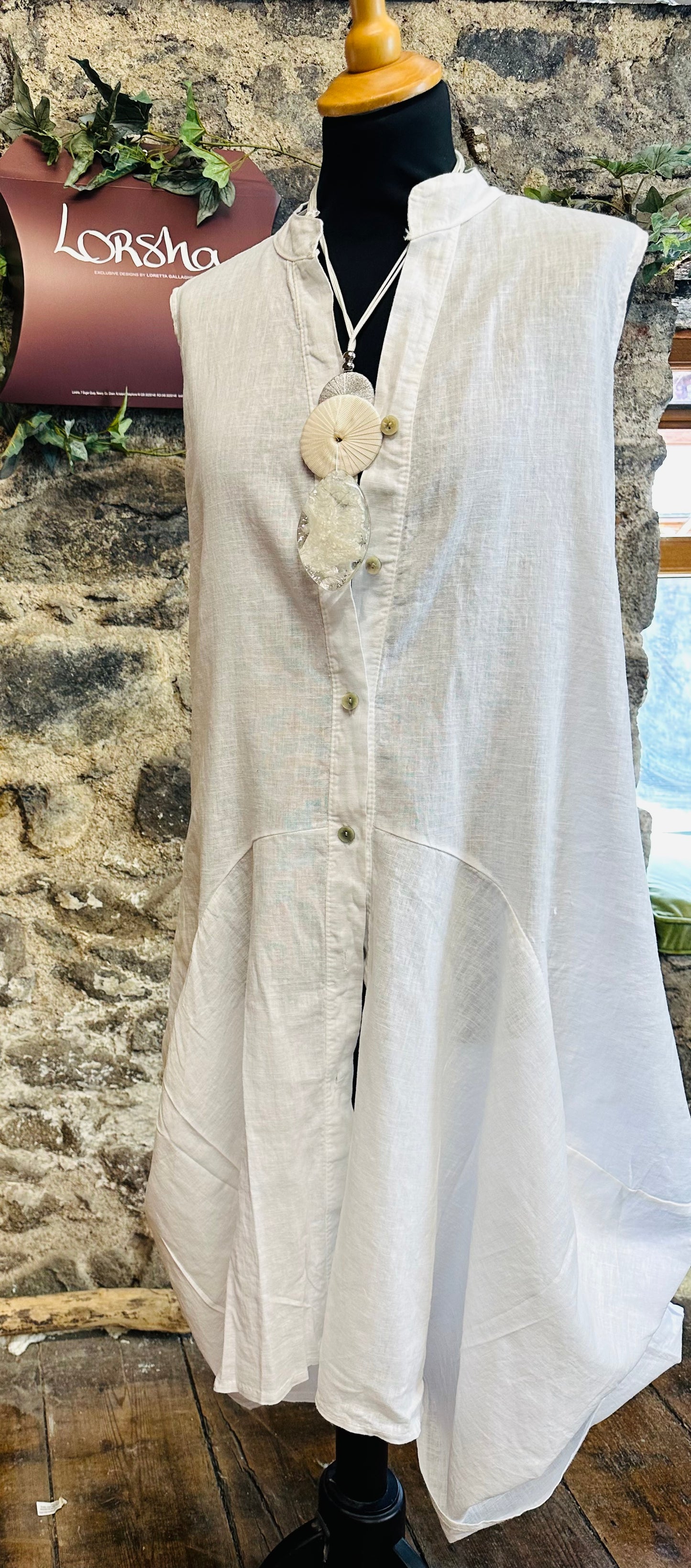 “Contessa” brilliant white Italian linen pin tuck tunic dress