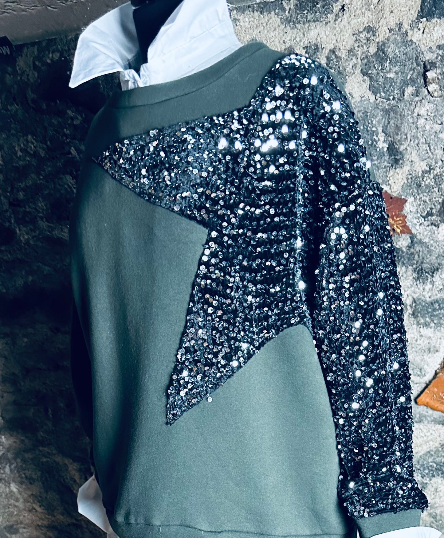 “Noelle” kaki super soft Italian sequin star sweatshirt