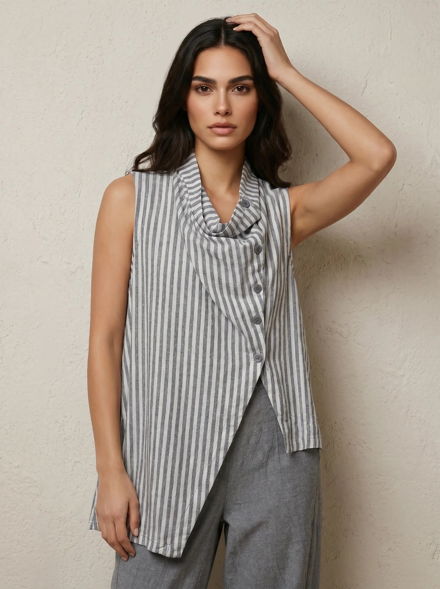 “Mabel “ Italian linen mix waistcoat dove grey and white stripe