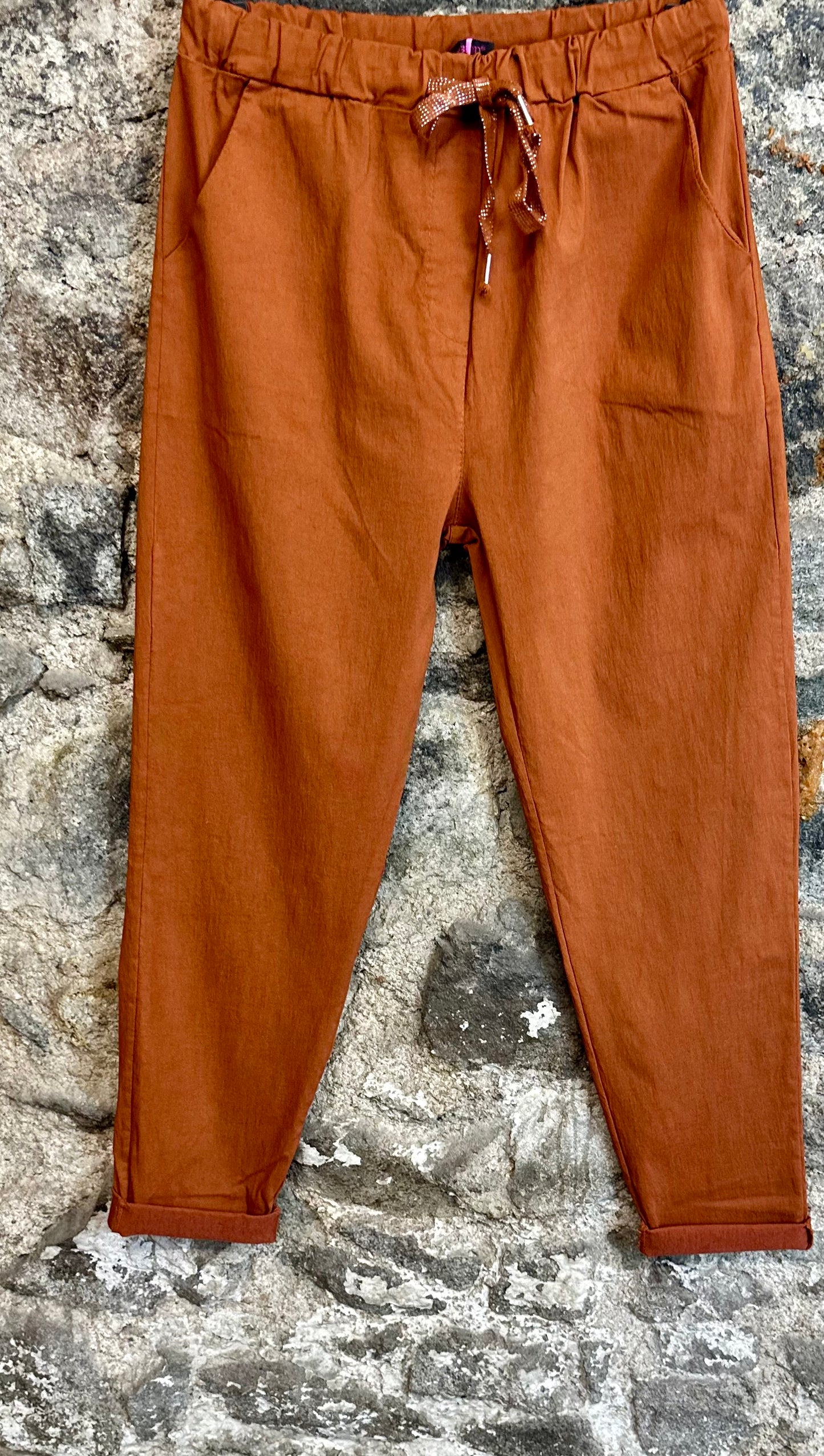 “Rachel “ rust Italian magic stretch cigarette leg turn up trouser