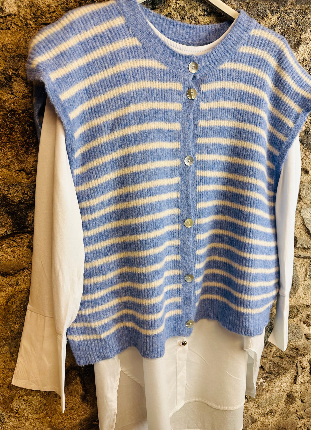 “Jessie” sky blue and cream Italian knit waistcoat