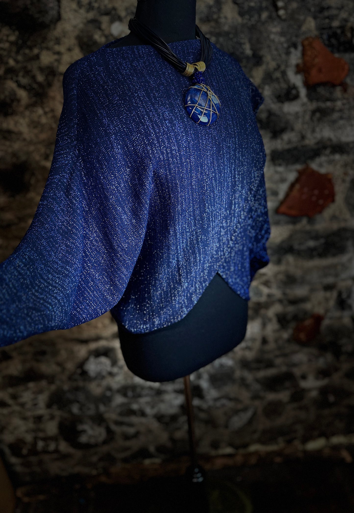 “Tanya “ indigo blue Italian crossover knit with metallic fleck