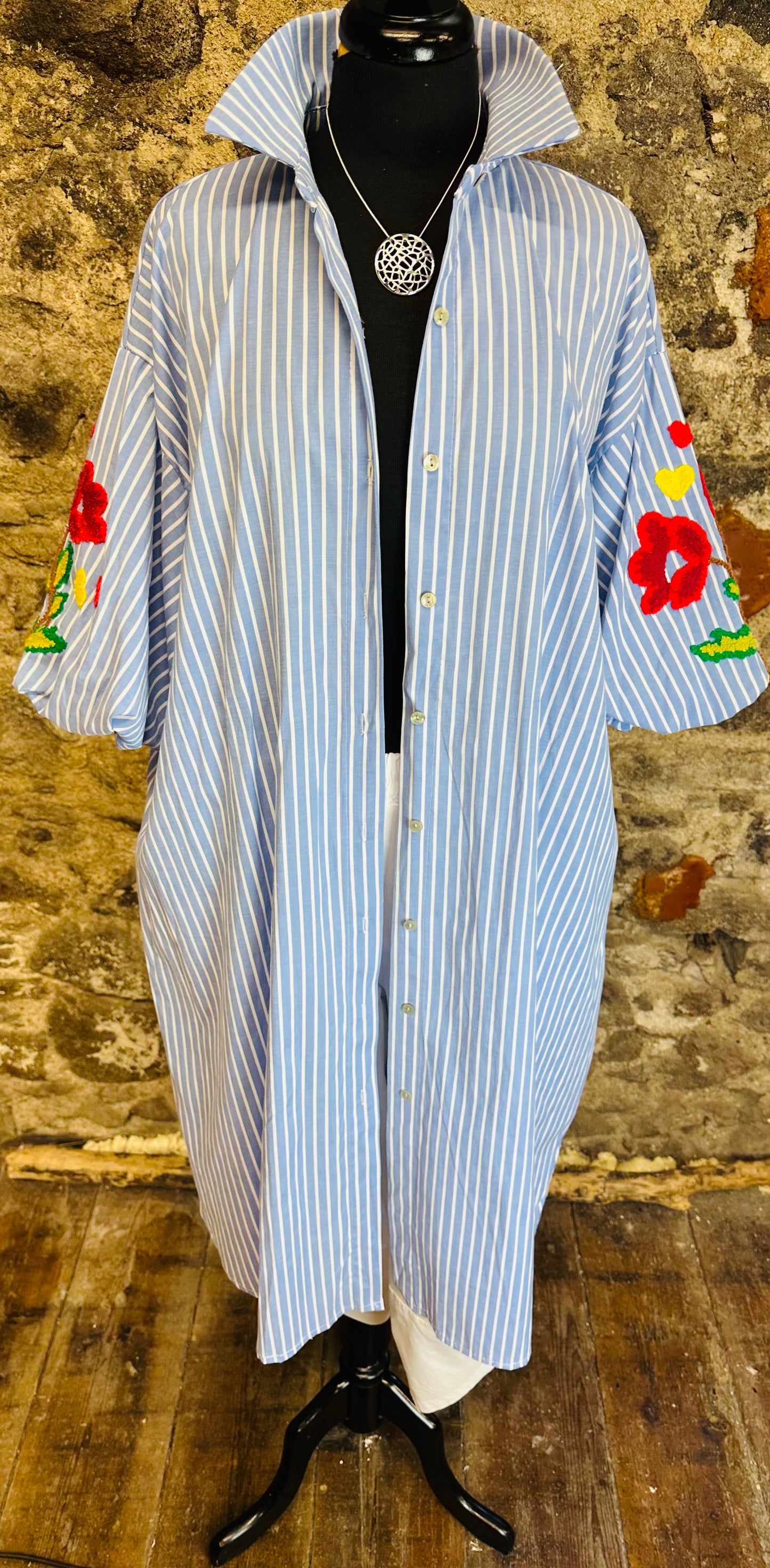 “Trina “ Italian blue stripe long dress shirt