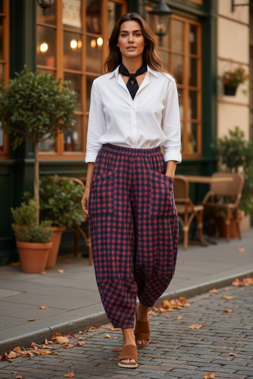 “Riley “ burgundy and navy Italian plaid cocoon pants