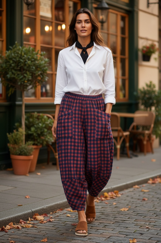 “Riley “ burgundy and navy Italian plaid cocoon pants