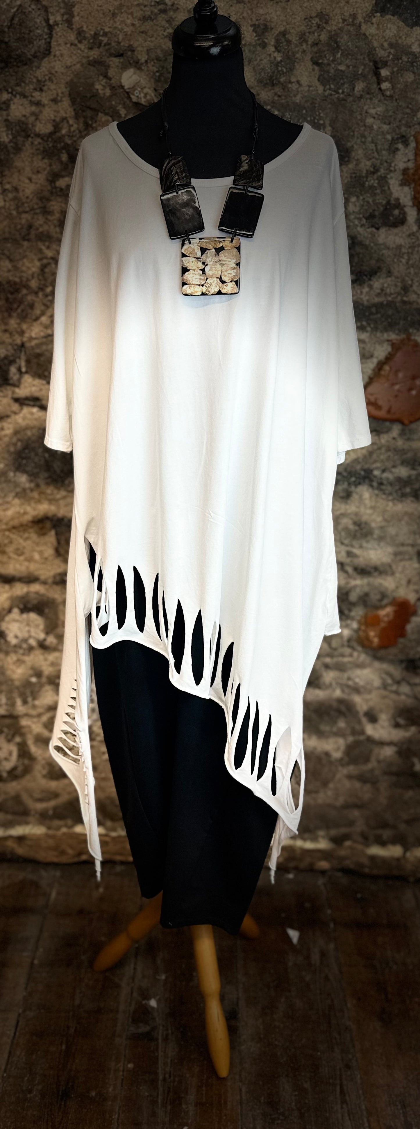 “Isabella “ white lazer cut detail asymmetric tunic