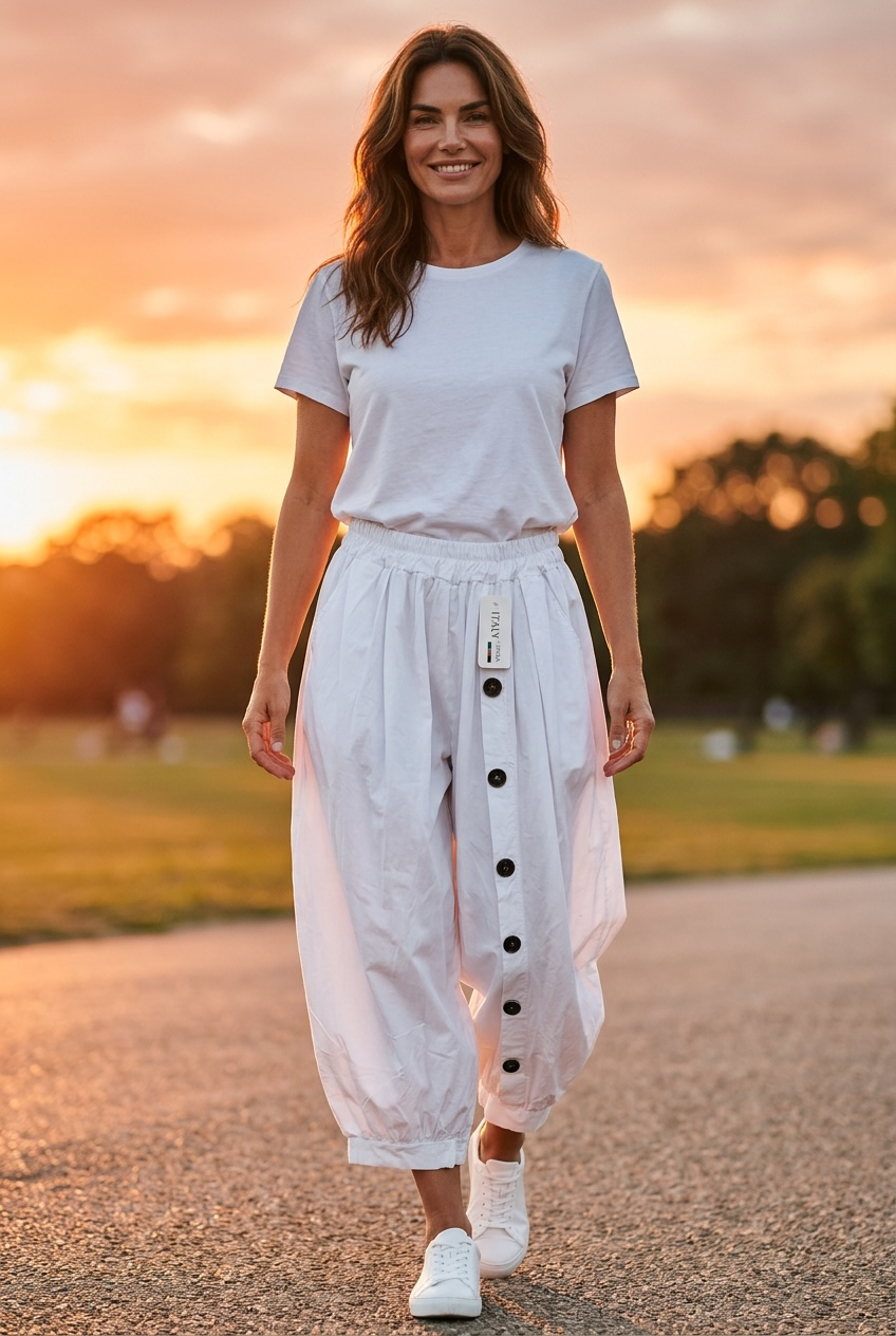 “Charlotte “ white cotton Italian button trousers