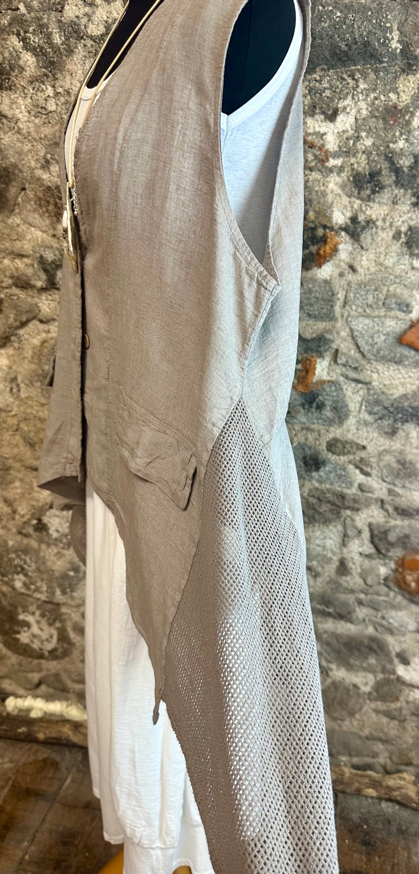 “Daisy “ mocha Italian asymmetric Italian linen waist coat