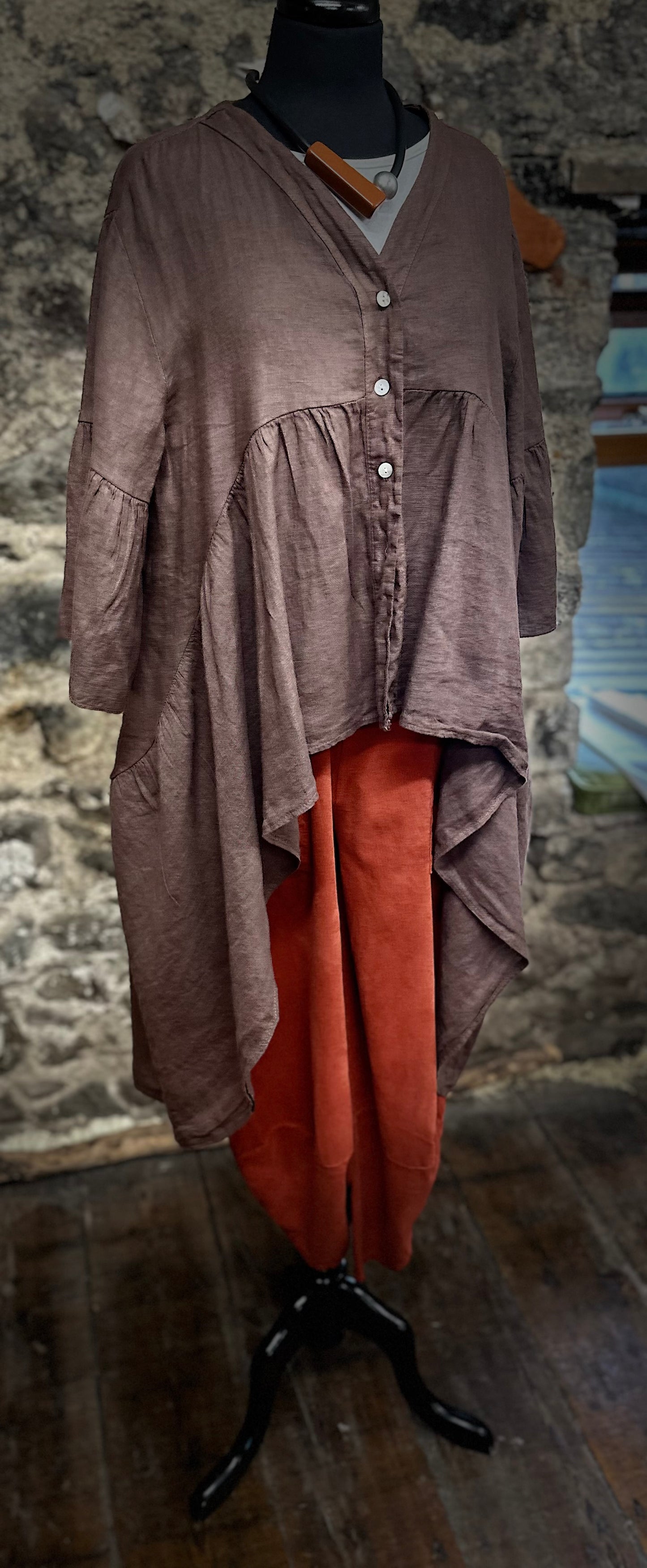 “Renee “ chocolate Italian hi lo dress shirt