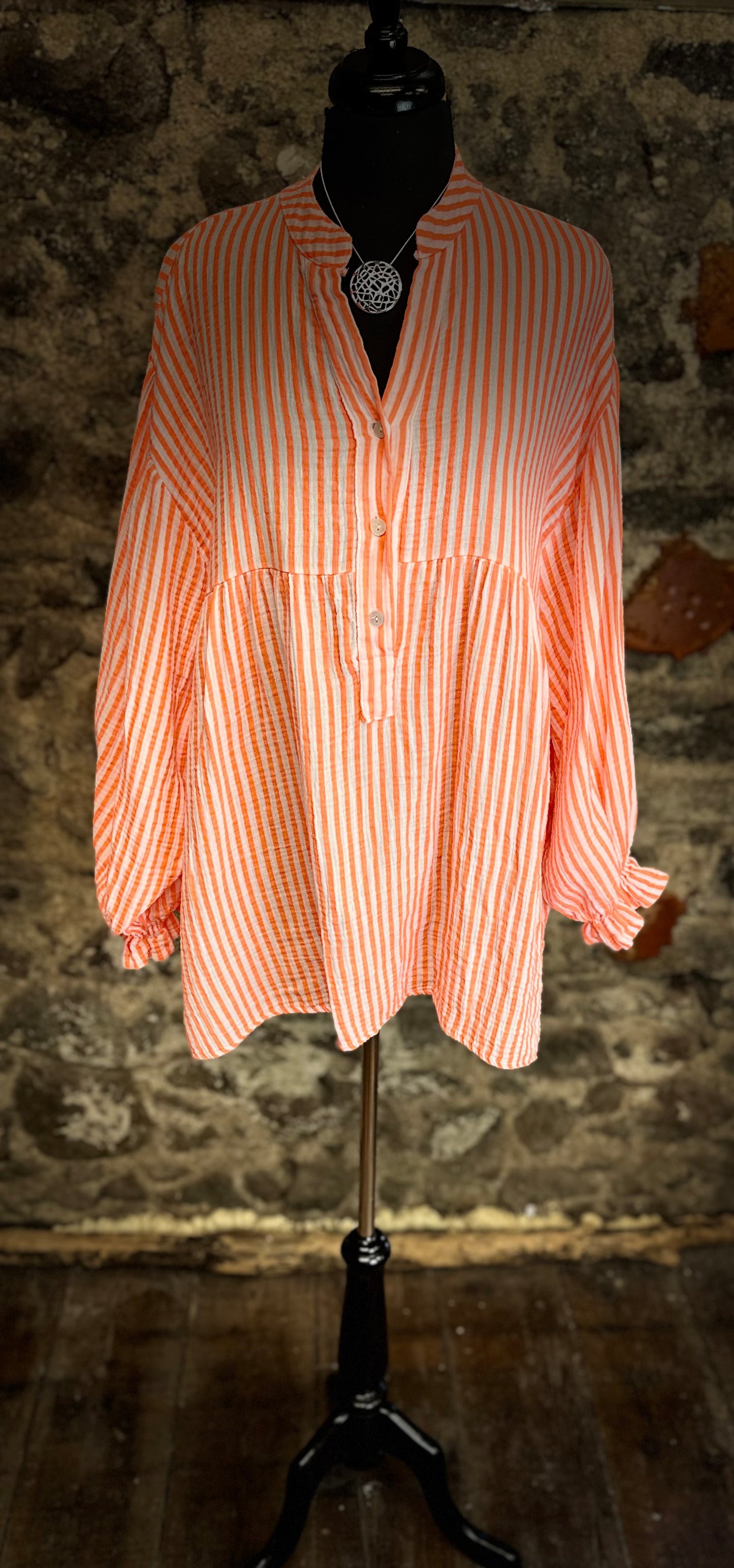“Jennie “ tangerine neon and cream stripe Italian tunic
