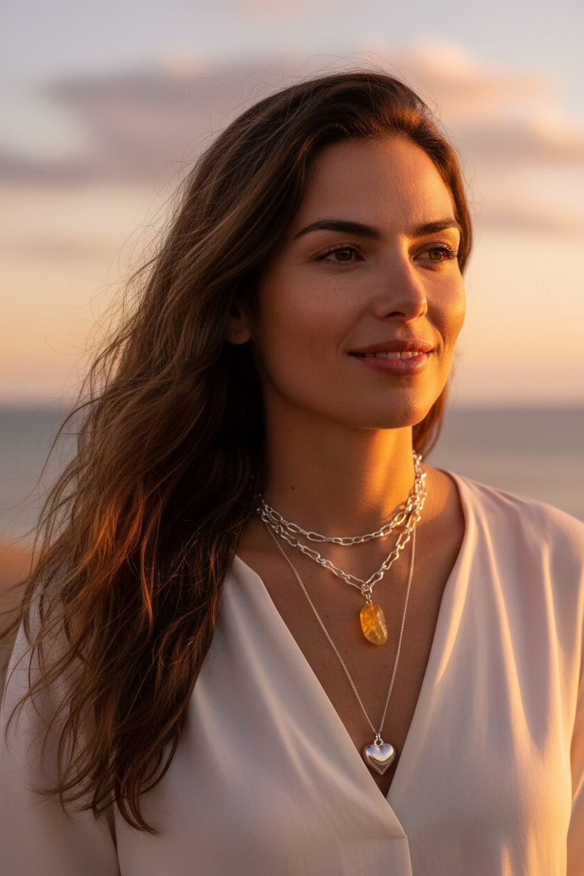Silver plated drop heart double piece amber stone neckpiece