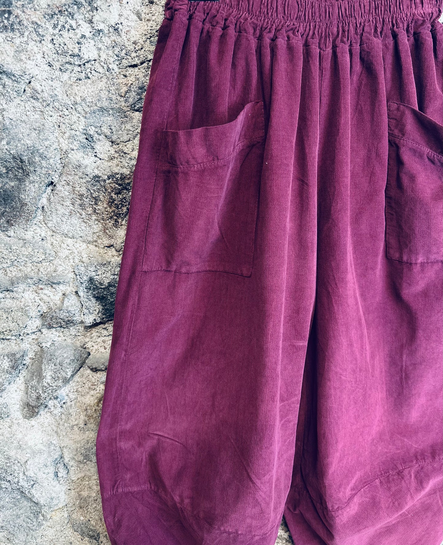 “Toni “ burgundy pin corduroy Italian cocoon trousers