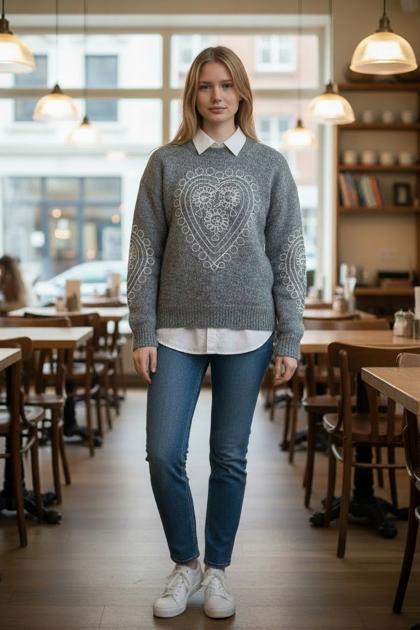 Dove grey ..heart embroidered Italian soft knit