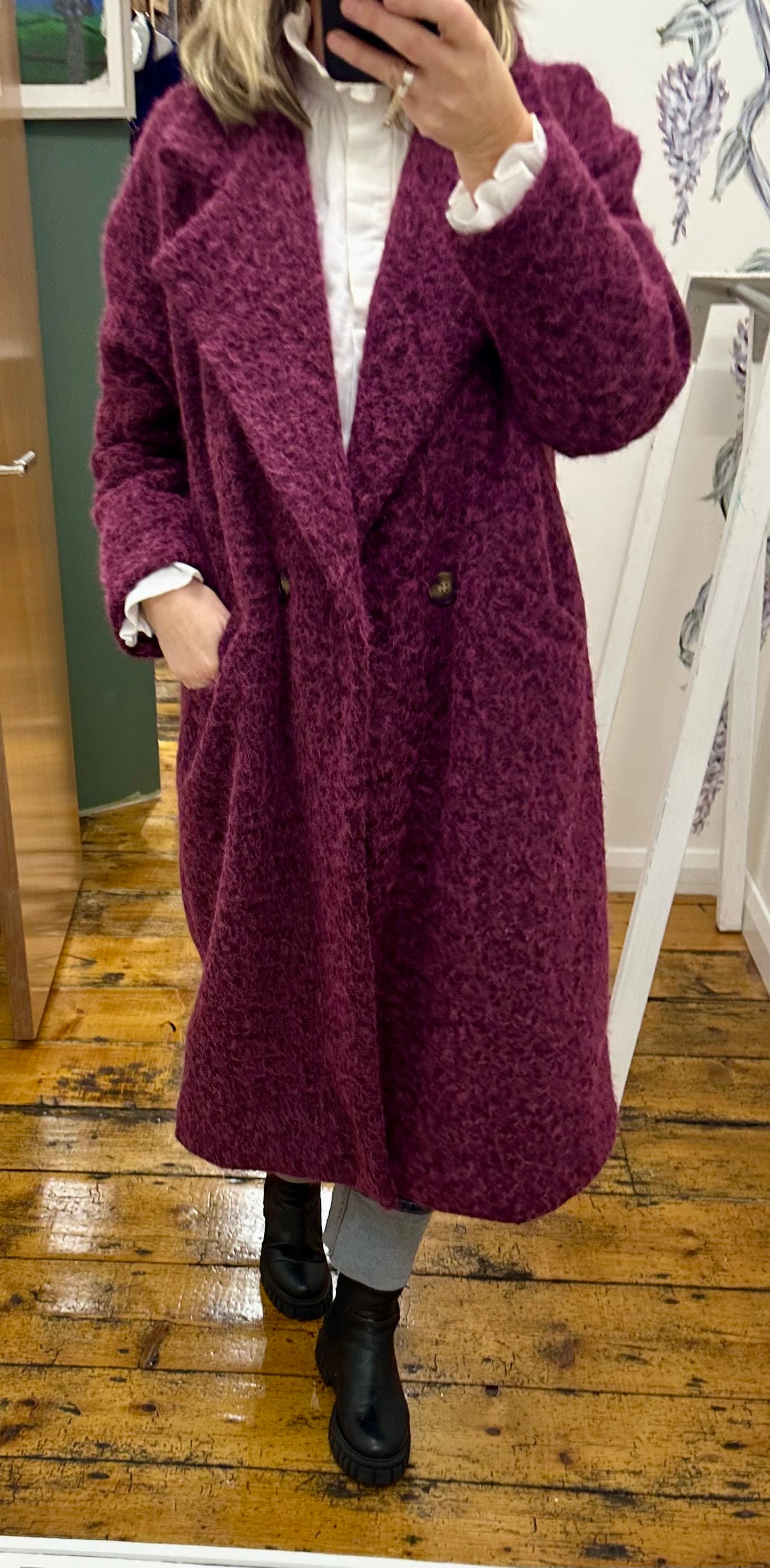 “Harriet “ burgundy Italian boucle trench coat