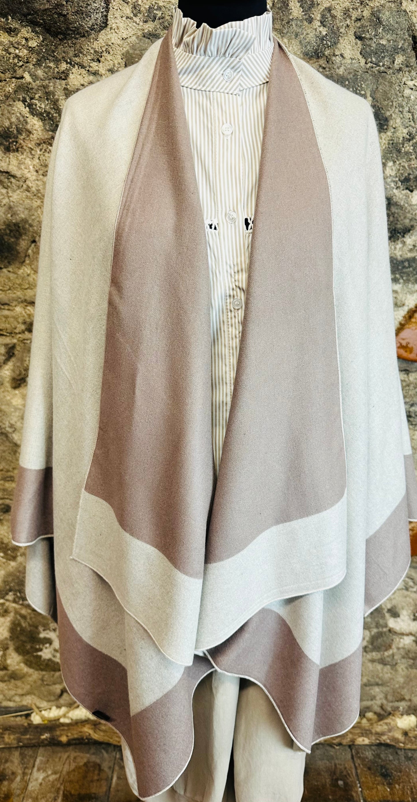 “Roberta” mocha and stone reversible fine wool mix wrap