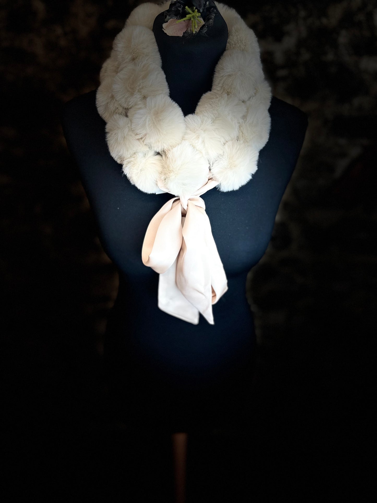 “Esther” buttermilk cream vegan fur satin tie collar