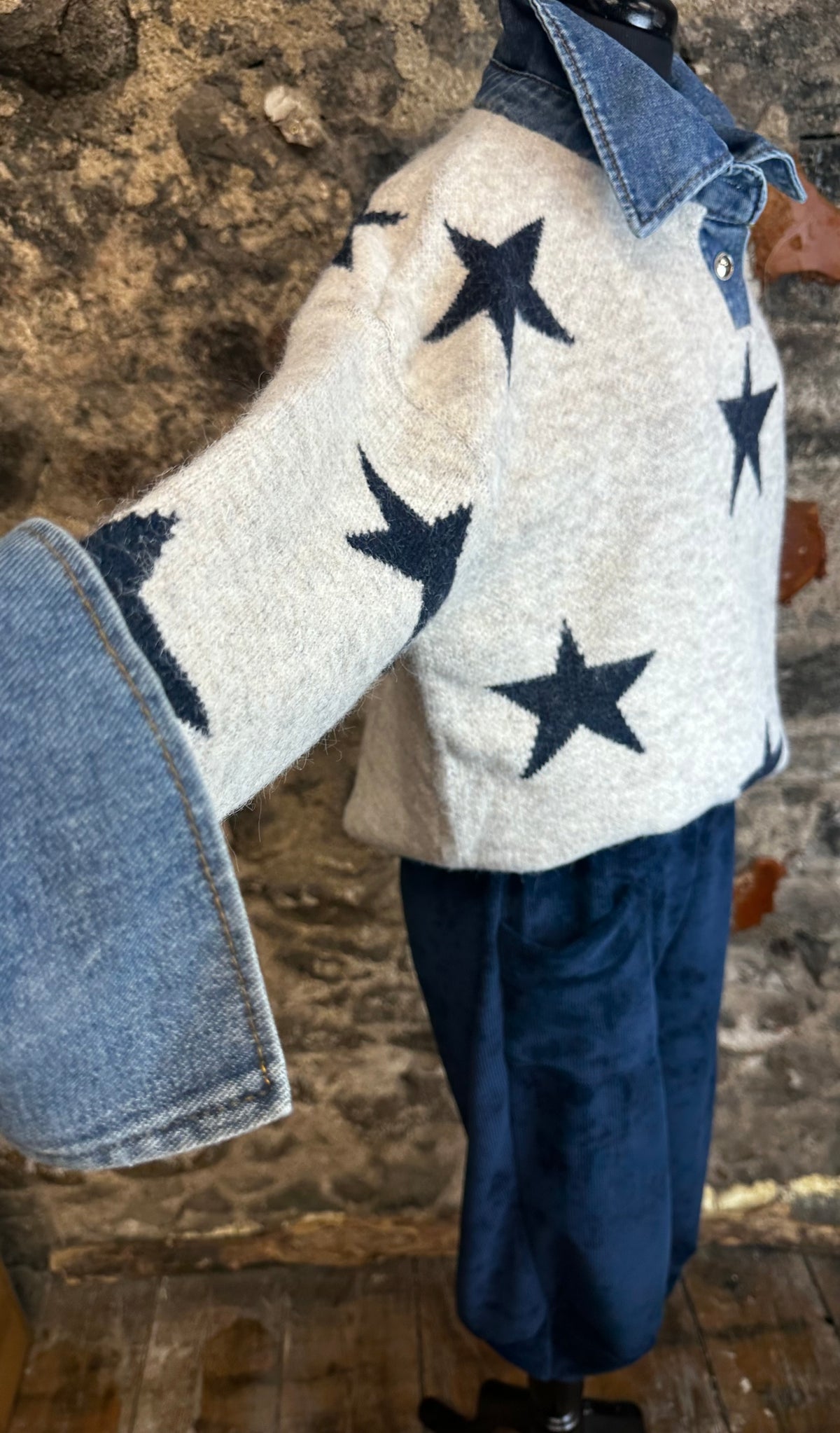 “Lauren “ star knit natural ..with denim collar and cuff